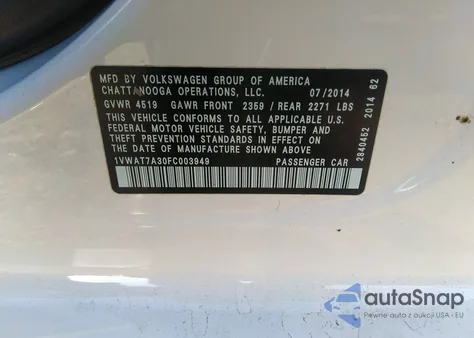 2015 Volkswagen Passat 1.8T Wolfsburg Edition из США, поврежденный, VIN 1VWAT7A30FC003949